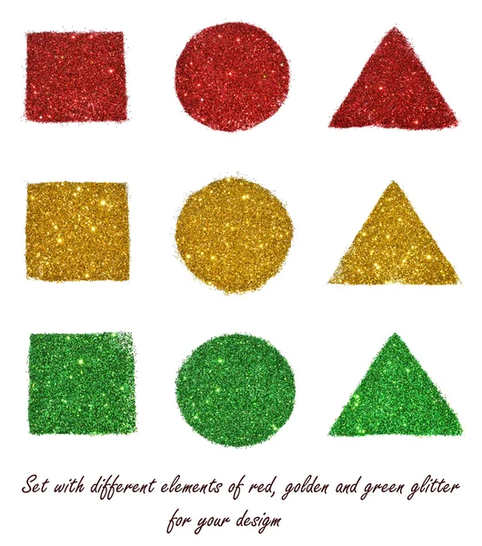 Με διαφορετικά στοιχεία από κόκκινο, χρυσαφί και πράσινο γκλίτερ σε λευκό φόντο για το σχέδιό σας — Φωτογραφία Αρχείου