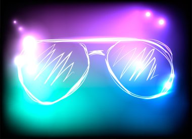 Mavi, mor ve siyah arka plan renkli neon güneş gözlüğü. Dinlenme kavramı, müzik, konserler, partiler. Vektör çizimi