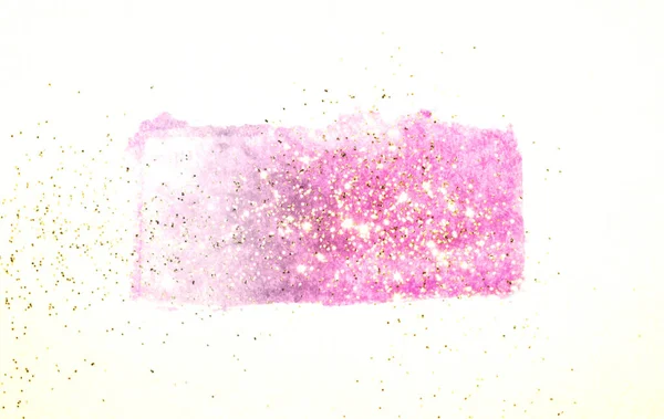 Paillettes Dorées Sur Aquarelle Rose Abstraite Éclaboussure Sur Fond Blanc — Photo