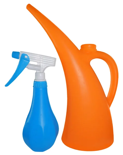 Orange watering can and blue sprayer, isolated on white background — Stock Photo, Image