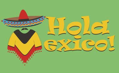 Vector inscription  Hello Mexico. The letter M in the form of a Mexican in sombrero and poncho clipart