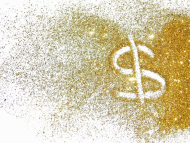Altın dolar işareti glitter, beyaz zemin üzerine ışıltı