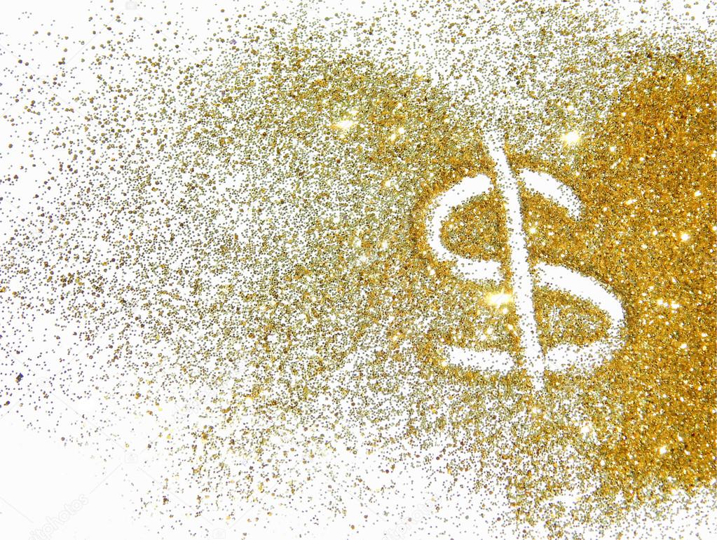 Golden dollar sign of glitter sparkle on white background