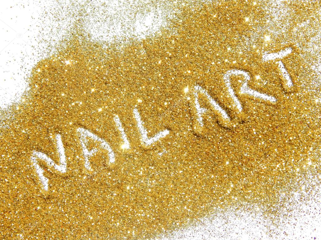 Inscription Nail Art on gold glitter sparkle on white background Stock