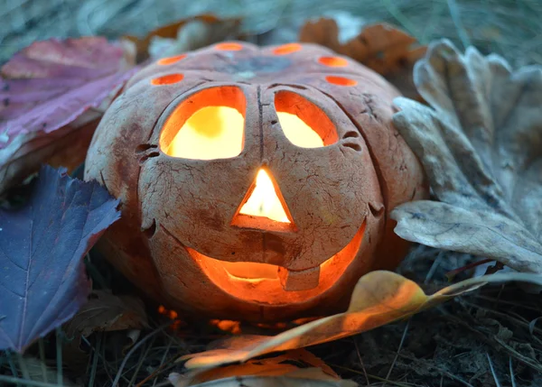 Calabaza de vela con una vela ardiendo en el interior, entre las hojas caídas de otoño, símbolo de Halloween — Foto de Stock