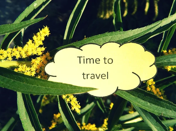 Nube de papel con texto Tiempo para viajar entre hojas y flores amarillas — Foto de Stock