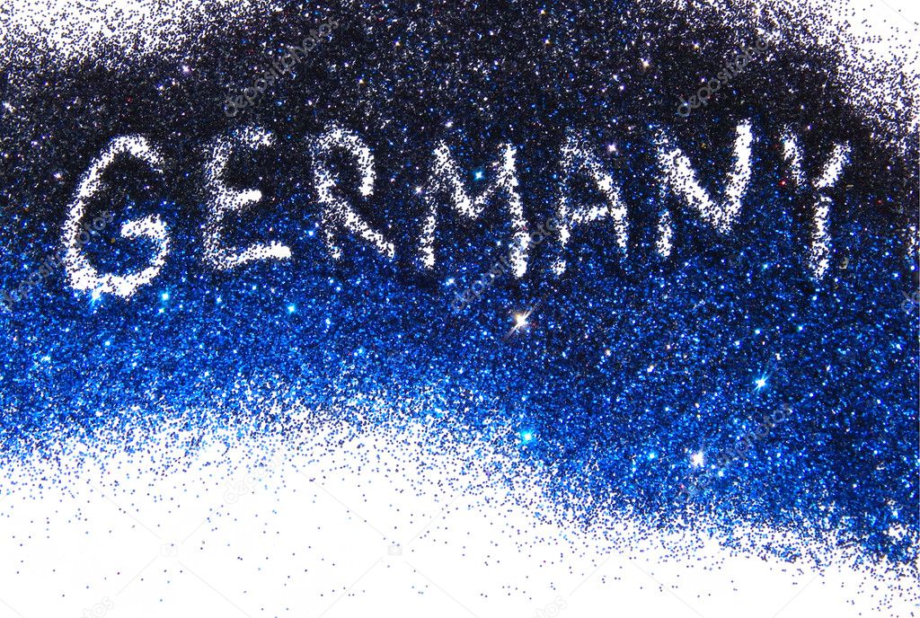 Inscription Germany on black and blue glitter sparkles on white background