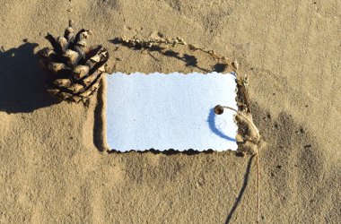 Metninizi kum, çam kozalağı ve bitki kuru dal sayfası