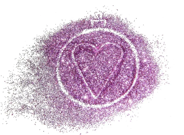 Christmas ball of purple glitter with shape of the heart inside, sparkle on white background