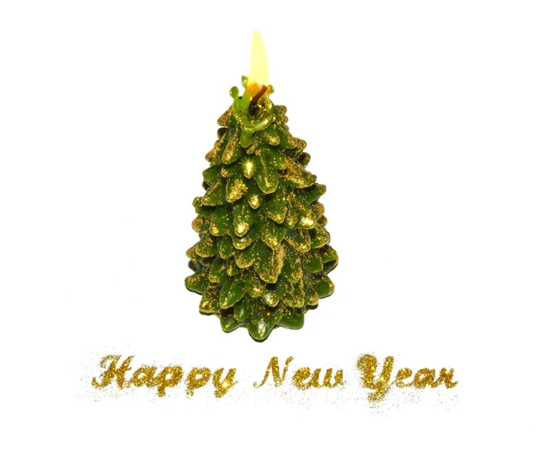 Testo Felice anno nuovo di glitter dorato e candela ardente a forma di albero di Natale su sfondo bianco — Foto Stock