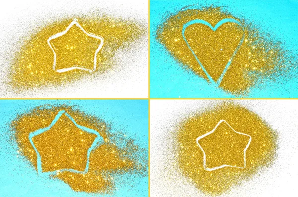 Set of four holiday backgrounds with golden glitter sparkle on white and blue surfaces — Stock Photo, Image