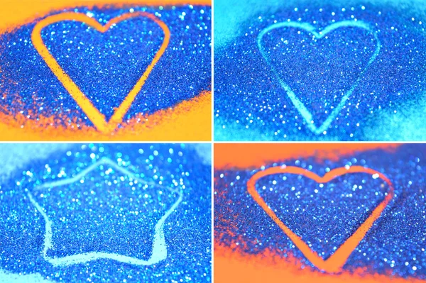 Dört bulanık tatil arka planlar ile kalpleri ve farklı yüzeylerde mavi parlak yıldız kümesi — Stok fotoğraf