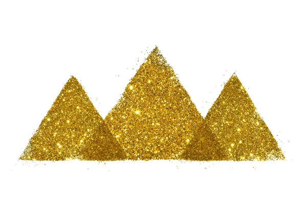 Drei abstrakte Dreiecke oder Pyramiden aus goldenem Glanz funkeln auf weißem Hintergrund — Stockfoto