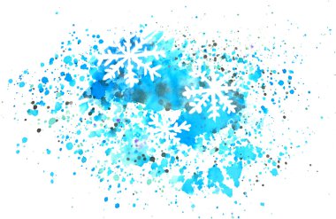 Soyut kar taneleri ve beyaz arka plan üzerine suluboya sıçraması