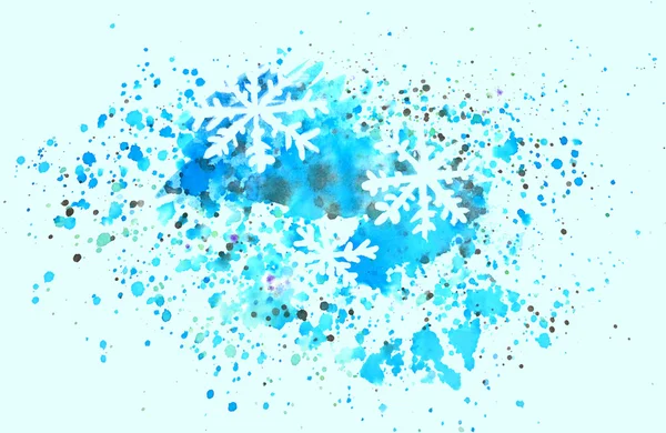 Fiocchi di neve astratti e spruzzi di acquerello su sfondo blu — Foto Stock