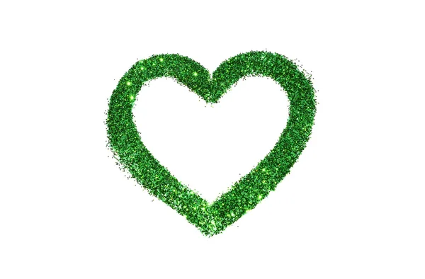 Beyaz zemin üzerine yeşil glitter pırıltı soyut kalbinde — Stok fotoğraf