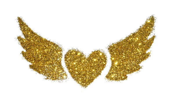 Cœur abstrait avec des ailes de paillettes dorées scintillent sur fond blanc — Photo