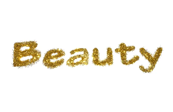 Word Beauty of golden glitter sparkle on white background — Φωτογραφία Αρχείου