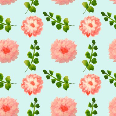 Güzel suluboya çiçek ve mavi zemin üzerine yeşil yaprakları ile Seamless Modeli