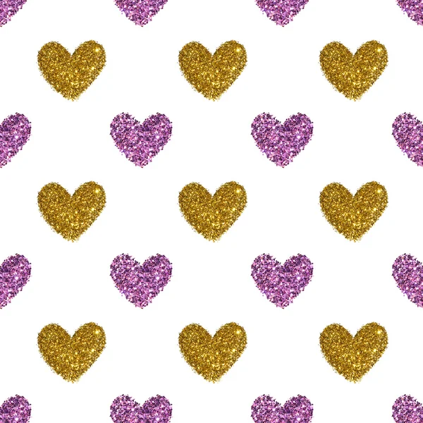 背景用的紫色和金色闪光，无缝模式的心 — 图库照片