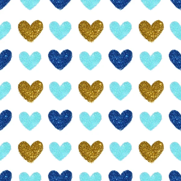 Fondo con corazones de brillo azul y dorado, patrón sin costuras —  Fotos de Stock