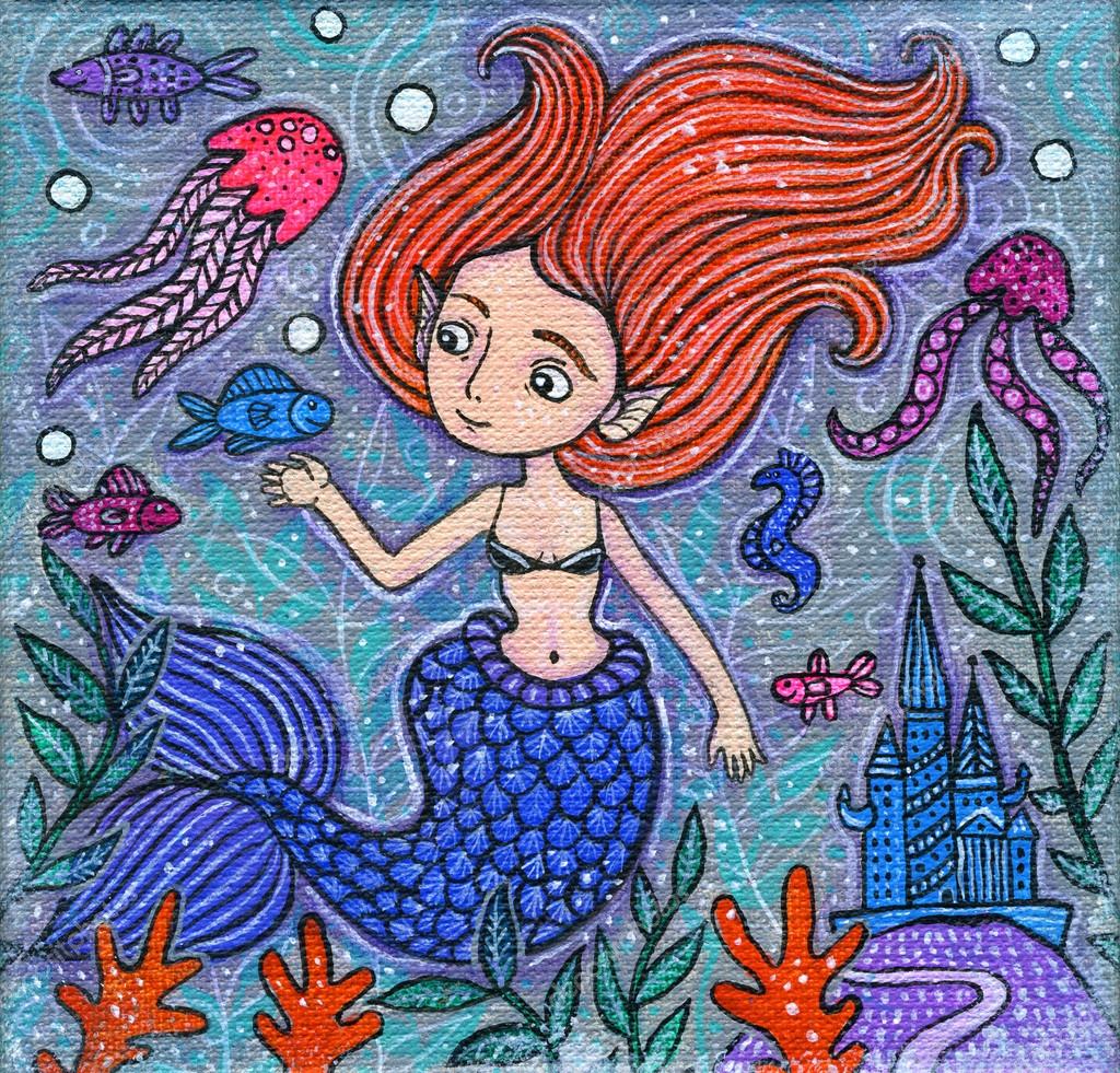 Sweet Mermaid Fairytale Folkart Fantasy Art Print Fantasy Art Whimsical Mermaid