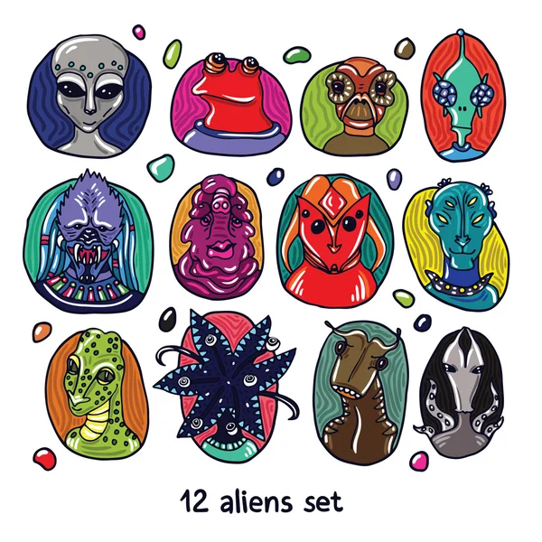 Alien retratos colorido conjunto — Vector de stock