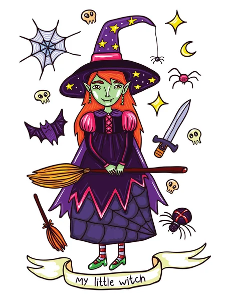 Niedliche kleine Hexe helloween Illustration — Stockvektor