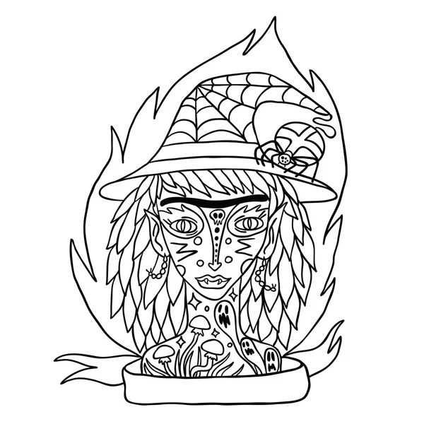 Portrait de sorcière effrayante avec tatouages — Image vectorielle