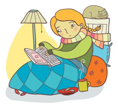 Girl with a laptop in bed clipart