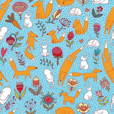 Tilkiler yabani tavşan çiçek mavi seamless modeli