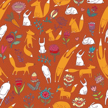 Tilkiler yabani tavşan çiçek kahverengi seamless modeli