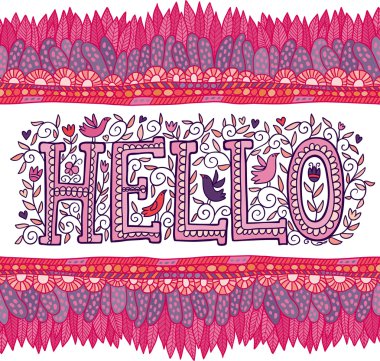 Arka plan ile kelime Merhaba soyut tüyler pembe.