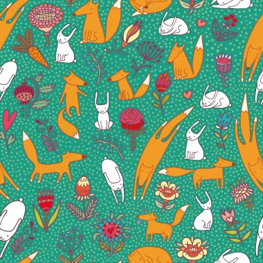 Tilkiler yabani tavşan çiçekler bahar seamless modeli