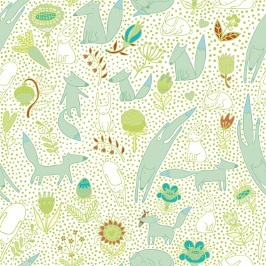 Tilki, tavşan, seamless modeli çiçekler