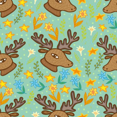 Geyik kafası ve çiçekler seamless modeli