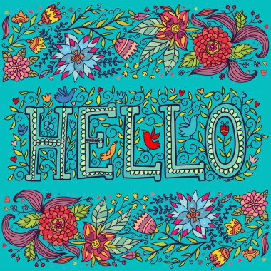 Merhaba ve çiçek mavi bir arka plan üzerinde word.