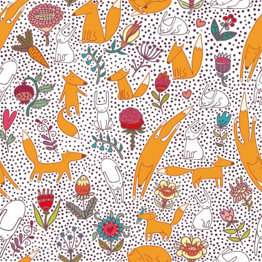 Tilki, tavşan, desen çiçekler.