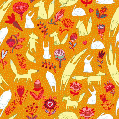 Tilkiler yabani tavşan turuncu çiçekler seamless modeli