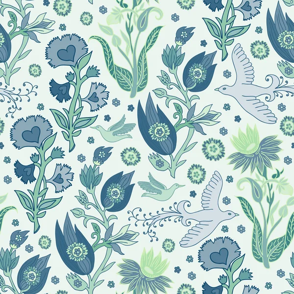 Vögel und Blumen zartes blaues nahtloses Muster — Stockvektor