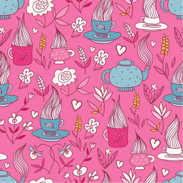 Doodle flores y tazas patrón rosa — Archivo Imágenes Vectoriales