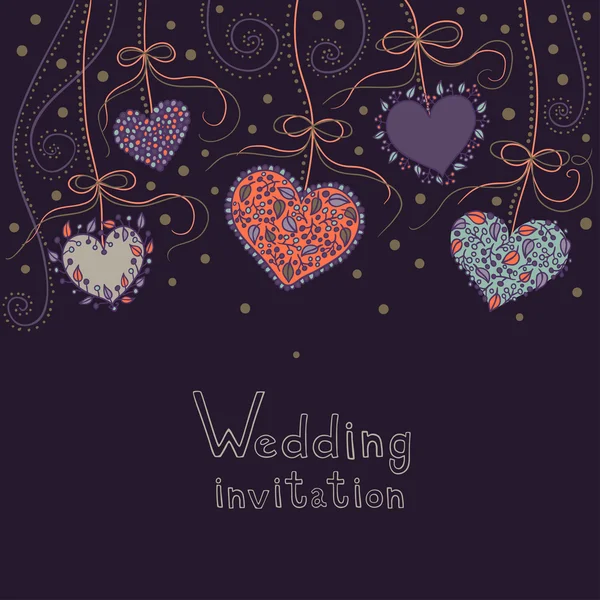 Dark purple wedding invitation with hanging hearts — Stock Vector