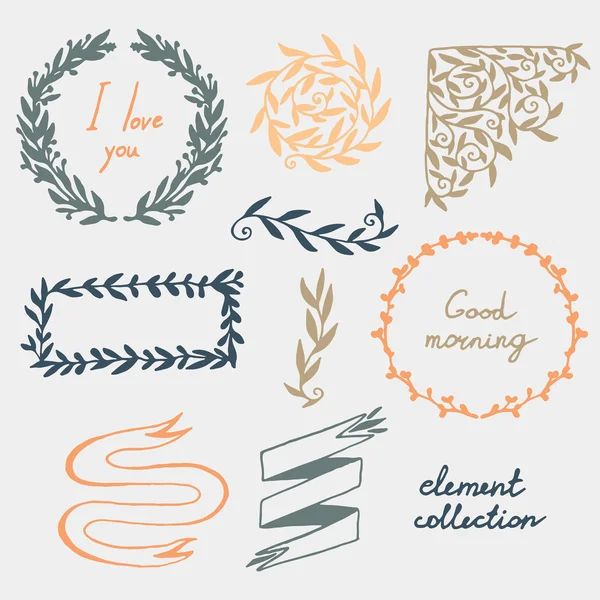 Curls with leaves gray collection — Stock Vector