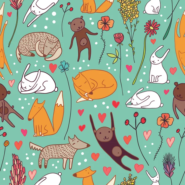 Cute animals blue seamless pattern — Stock Vector