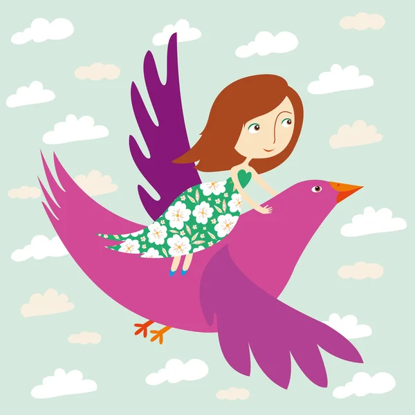 Mädchen fliegt zum Vogel — Stockvektor
