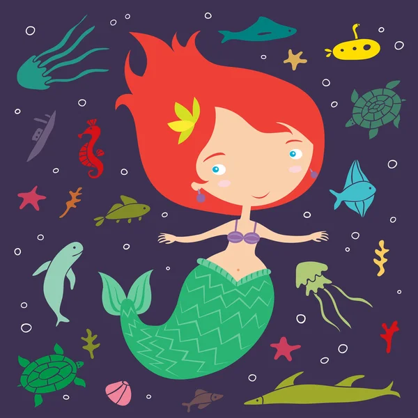 Little mermaid illustration — Stock Vector