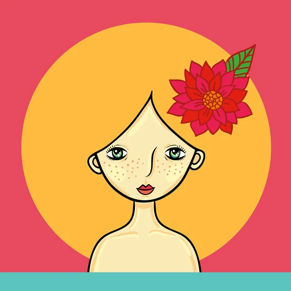 Girl with circle blonde hair and red flower — Stock Vector