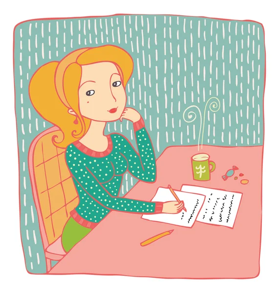 Chica escribir en la mesa y pensar — Vector de stock