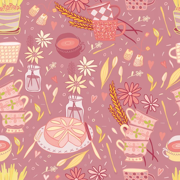 Beautiful morning tea pink seamless pattern — Stock Vector