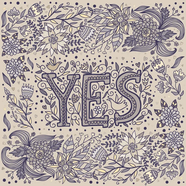 Word yes and flowers in beige. — Stock Vector